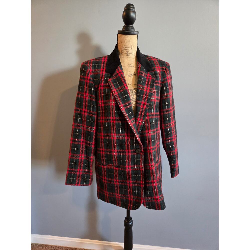 Vtg blazer sag harbor tartan plaid wool blend velvet holiday glitter red 12P